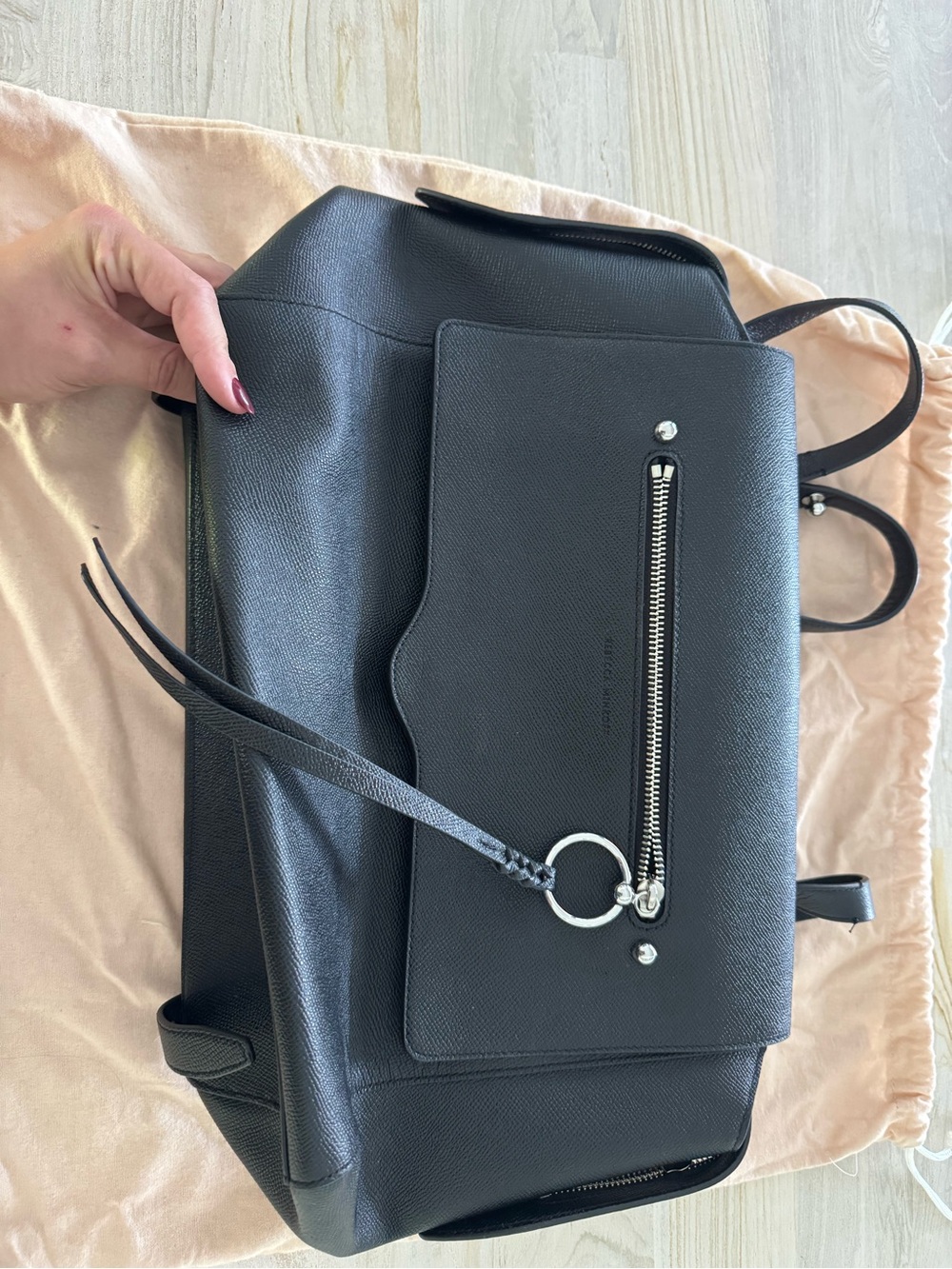 Rebecca Minkoff Leather Backpack with Front Zip Pocket and Ring Detail